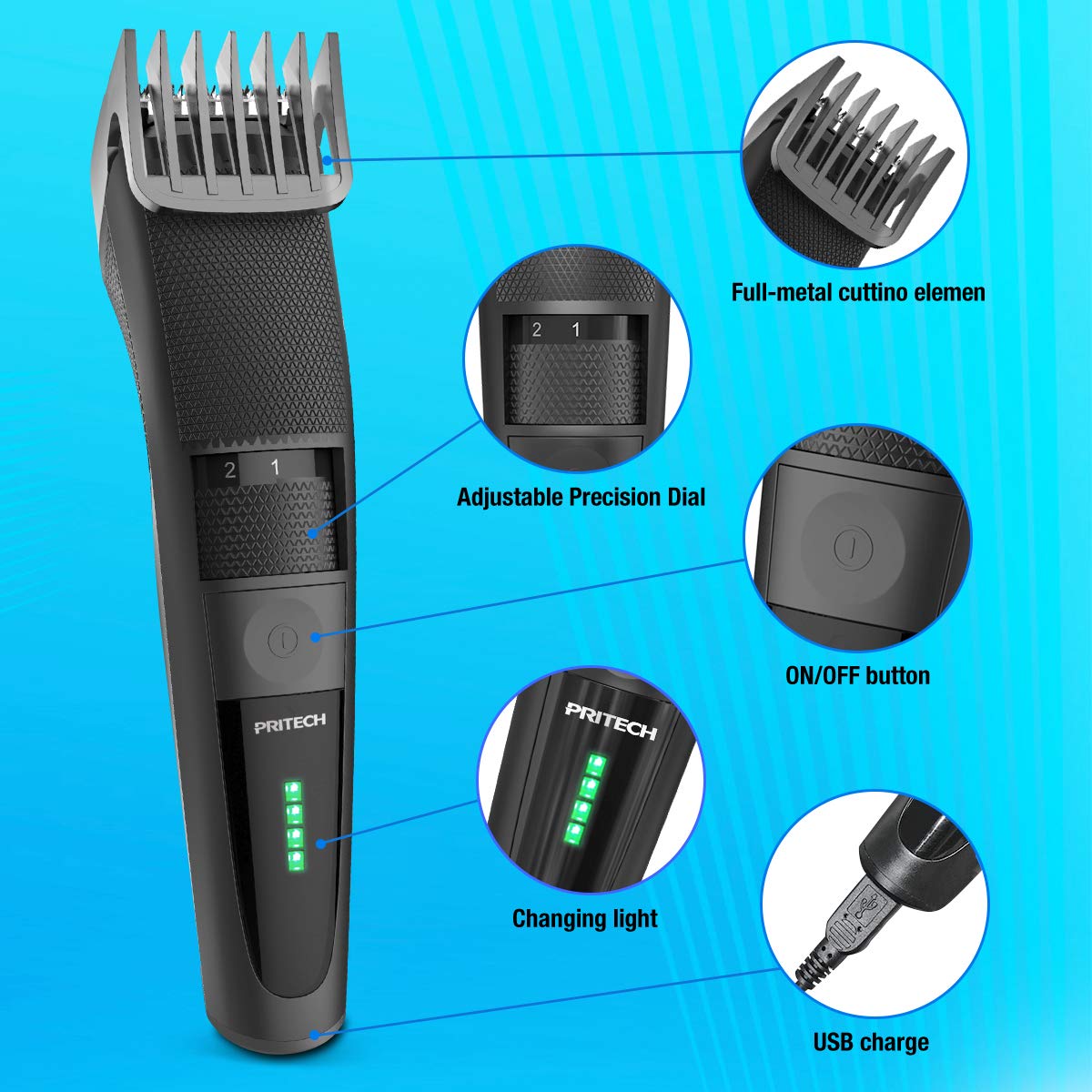 Electric Hair Clipper Cordless Beard Trimmer for Men Professional Barber Clippers, Hair Clipper with Comb Attachment and 20 Adjustable Settings, Washable Black by PRITECH…